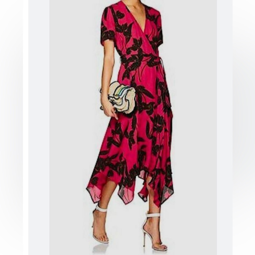 A.L.C Women’s Pink Floral V Neck Short Sleeve Silk A Line MIDI Dress Size 2